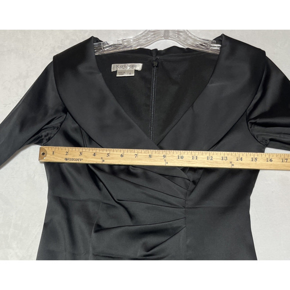 Kay Unger Sheath Dress 4 Black Satin V Neck Shawl Collar Ruched Cocktail Formal - Picture 8 of 14